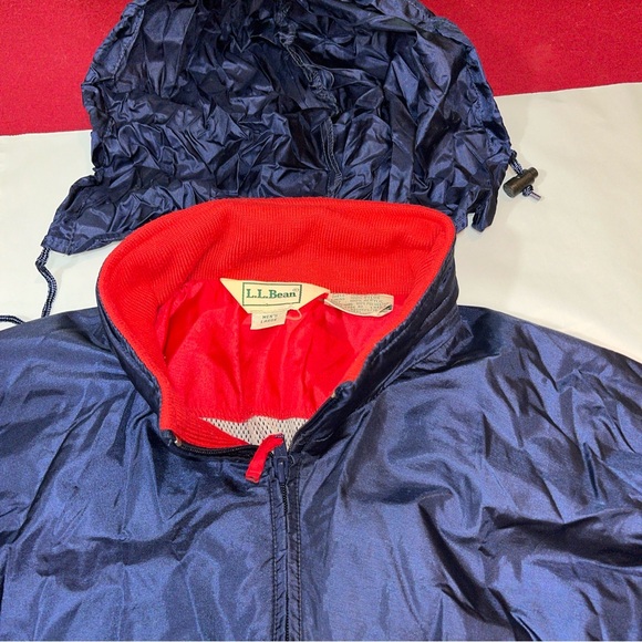 LL Bean BLUE NYLON red Rain Wind Jacket Full Zip COAT Hood vented Windbreaker Lg - Picture 12 of 16